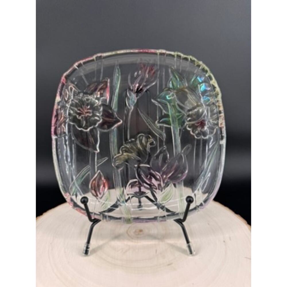 Vintage Mikasa Floral Art Glass Accent Plate Hand Painted Iridescent Square Dish